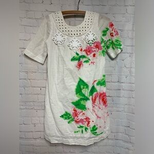RARE Karta Floral Embroidered White Linen Blend Jeweled Dress Size S